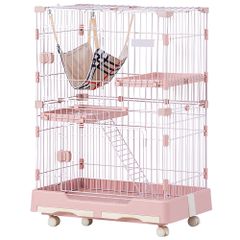 猫 ケージ キャットケージ ペットケージ キャスター付 猫ゲージ 大型 多頭飼い ネコドア キャットハウス 1段2段可能 留守番 保護 脱走防止 おしゃれ (2段,ピンク) 
