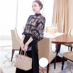 セットアップ 柄 レース シフォンブラウス ワイドパンツ お洒落 黒 ふんわり