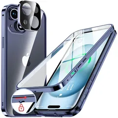 NIANGUO【ロック機能付き・自動ポップアップボタン】 iPhone15 Plus 用 ケース クリア 【両面強化ガラス】 9H硬度 【一体型レンズ保護】 アイフォン15プラス カバー アルミバンパーケース メタルフレーム 耐衝撃 傷防止 高感度タッチ  0