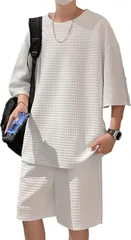 セットアップ ワッフル メンズ 上下セット 半袖 トップス ハーフパンツ ルームウェア スポーツ カジュアル 部屋着 クルーネック ウエストゴム テクスチャ ゆったり 3カラー せっとあっぷ ストリート 系 ワンマイルウェア 大きい 大 [ホワイト] [XL]