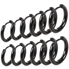 【定番 幅2.5mm 色：ブラック 内径10/12/14/16/18/20mm 6ペアセット】[Adelina Style] フープピアス 人気 つけっぱなし リングピアス レディース メンズ サージカルステンレス 金属アレルギー対応 18G 男女 両耳用