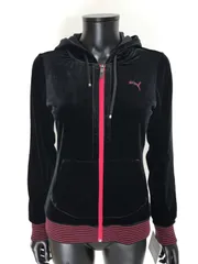 【USED】PUMA プーマ ポリエステル フルジップ 長袖 パーカー ベロア ロゴ刺繍 ブラック 黒 ピンク レディース M ゴルフウェア