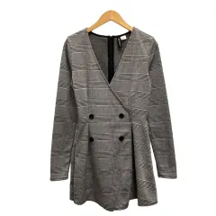 エイチ&エム H&M キュロットワンピース フレア Vネック チェック 長袖 ミニ丈 2 黒 ブラック グレー ※MZ レディース