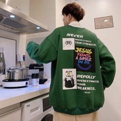 Never バックプリント スウェット トレーナー 韓国 メンズ グリーン 人気