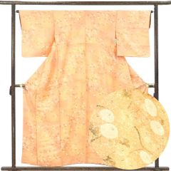 小紋 身丈156cm 裄64cm 前幅24cm 後幅30cm 袖丈48cm 袖幅32.5cm レディース 袷 花柄 裄Mサイズ 秋冬春用 正絹（シルク）オレンジ 美品 リメイク リユース リサイクル【呉服のきくや】