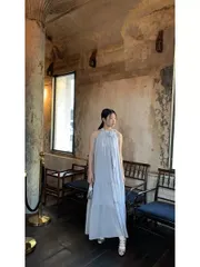 ワンピース ドレス ロングスカート ロング ノースリーブ ホルターネック リボン 薄手 大人可愛い きれいめ シンプル カジュアル 上品 おしゃれ エレガント 無地 夏 イベント 韓国 モテ ライトブルー