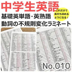 ★【010】中学生英語　基本の英単語、英熟語、英会話表現　暗記シート　英検５級　英検４級　中１、中２、中３