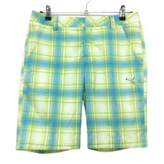 ★特価★【美品】プーマ ハーフパンツ ライトグリーン×ライトブルー チェック柄 ロゴ刺しゅう  メンズ S ゴルフウェア PUMA