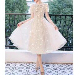 膝丈ドレス ミディアム丈 カラードレス シャンパンカラー 襟付き 半袖 パフスリーブ レース パーティードレス フォーマルドレス 結婚式 発表会 お呼ばれ 演奏会 ワンピース 1098