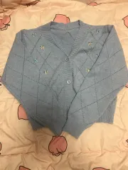 水色 ニット カーディガン 花 花柄