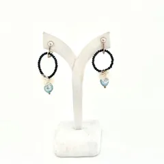 ja1x027 新品 藍染 藍パール 本藍染 イヤリング 〈 ピアス に変更可 〉  INDIGO BLUE パール  ブラックスピネル・リボン