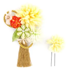 髪飾り 成人式 つまみ細工 振袖 前撮り 袴 花 2点セット 黄色 黄緑 渋緑 橙色 オレンジ 白 ゴールド ちりめん 組紐 房 ライン No.12-0640