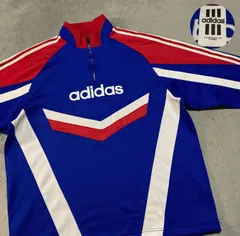 adidas アディダス TrackJacket トラックジャケット ハーフジップ  刺繍ロゴ Embroidery ドローコード ポリエステル Polyester デサント DESCENTE 日本製 トリコカラー Tricolore 青白赤 L相当