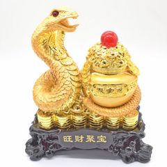 蛇 巳の置物 樹脂製 26cm 黒台座 銭鱗 聚宝盆 ヘビ へび 十二支 干支