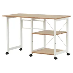 パソコンデスク 折りたたみデスク 簡易デスク オフィスデスク 学習デスク 3段収納ラック キャスター付き【ナチュラル】 yew1