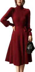 J-Scott ウエストリボン ニットワンピース ミディ丈 タートルネック パフスリーブ Aライン リブ袖 通勤 トップス かわいい プルオーバー お洒落 大人 素敵 上品 デート エレガント ミセス 流行 トレンド 赤(ワインレッド,  S)