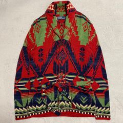 【Polo by Ralph Lauren】ネイティブ柄　カーディガン　ラルフローレン　サイズXS　ショールカラーカーディガン　ガウンタイプ　コットン100% 肉厚　金属素材アンティークボタン