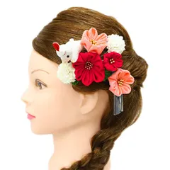 七五三 髪飾り 三歳 七歳 日本髪 つまみ細工 赤 花 2点セット うさぎ 白うさぎ ぱっちんピン クリップ 白 サーモンピンク ちり No.9-4986