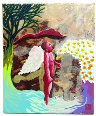 内野隆文　肖像　人物画　絵画　現代アート　アンティークペーパー　古紙　額縁 内野隆文 肖像 人物画 絵画 現代美術 アート アンティーク