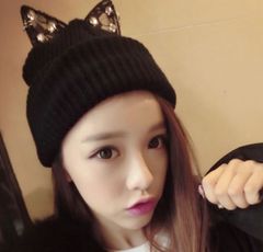 新品 猫耳 ネコミミ オルチャン 韓国 ラインストーンニット帽 黒