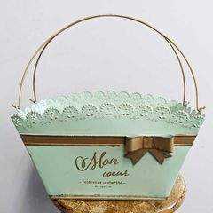 レース模様のバスケット植木鉢Lサイズ　ブリキ植木鉢  グリーンカラー