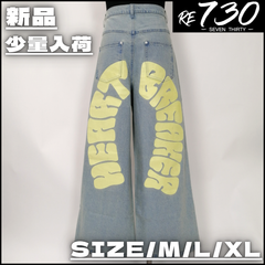 【新作】【RE730／アールイーセブンサーティー・バックアーチロゴデニムパンツ（サックス）】ストリートファッション HIPHOP ラッパー B-BOY 古着MIX M L XL ワイドデニム メンズライク ユニセックス 新品未使用 少量入荷 52288