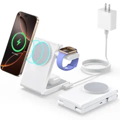 【特価セール】Watch対応・AirPods対応｜MagSafe対応｜20W PD3.0アダプター付属｜職場・旅行に最適｜ホワイト ・Apple マグネット式折りたたみワイヤレス充電器｜最大15W高速充電｜Qi認証｜iPhone対応 3in1 【PSE認証済】