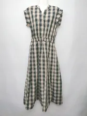 ◇ ⊂ BEAMS HEART チェック　ギャザー フレンチスリーブ ロング ワンピース サイズS ベージュ レディース P  【1409250014338】