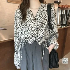 レオパード柄ブラウス レディース ショート丈トップス 長袖 Vネック 春服 夏 秋 10代 20代 30代 韓国ファッション 大きいサイズ ふんわり アレンジのサムネイル