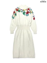 古着 Darian 花柄刺繍 無地 ロング丈 長袖 ニット ワンピース 白 生成り (otu2510012)