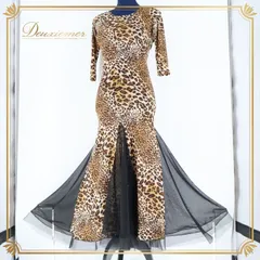 社交ダンス 衣装 ワンピース ドレス フリル レース 黒 ブラック ブラウン系 ダンス パーティ 発表会 伸縮 ヒョウ柄 模様 薄い生地 セクシー 上品 パーティドレス レディース Mサイズ 伸縮性 高級感 エレガント おしゃれ