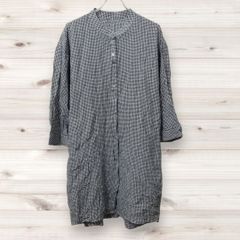 D0308 モナカ monaca 長袖シャツ チュニック (L) 白 黒 チェック 総柄 ノーカラー 綿/コットン