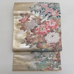 袋帯 正絹 金糸銀糸 パステル系 花々文様 緑色ｘピンク色 刺繍入り 六通柄 フォーマル 礼装 長さ440cm