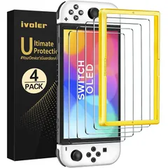 [4枚入り] [Switch 有機ELモデル対応][改良モデル] iVoler OLED 保護 ガラスフィルム スイッチ 保護フィルム[ガイド枠付き] 強靭9H 3Dラウンドエッジ加工 撥水撥油 指紋防止 飛散防止 貼付道具付 自己吸着 気泡防止 極薄 1