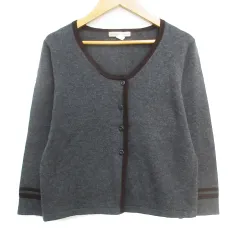 ヒューマンウーマン HUMAN WOMAN ニットカーディガン ミドル丈 ラウンドネック ライン ウール混 2 杢グレー 茶 ブラウン /FF41