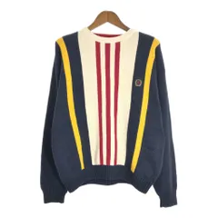 90年代 TOMMY HILFIGER トミーヒルフィガー ローゲージ コットンニット セーター ストライプ ネイビー (メンズ XL) 中古 古着 S8470