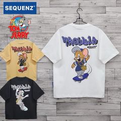 新品 メンズ トムとジェリー TOM&JERRY トムジェリ SEQUENZ シークエンズ コラボ 半袖 Tシャツ 半袖Tシャツ ティーシャツ バック プリント スケボー ユニセックス レディース 白 ホワイト 黄色  イエロー 黒 ブラック