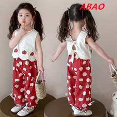 【新商品が大人気です！】セットアップ 上下セット 子供服 女の子 女児 小学生  タンクトップ ノースリーブ トップス 長ズボン ロングパンツ キッズ トップス トマト柄  ボトムス リボン 可愛い  おしゃれ カジュアル 90cm 100cm yz655