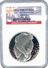 2007 Atralia Silver 1 Oz Koala $1 Dollar Coin NGC MS-70 First Year Issue.
