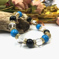 ターコイズ×水晶×オニキス パワーストーン ブレスレット (ゴールド) 10mm メンズ・レディース　浄化済み △