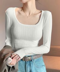 【韓国系 ファッション DAZ】 長袖Tシャツ レディース スクエアネック