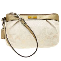 コーチ ポーチ シグネチャー リストレット キャンバス レザー 革 ベージュ系 ゴールドラメ ブロンズ系 COACH マルチポーチ アクセサリーポーチ 小物入れ レディース 女性 美品 【中古】