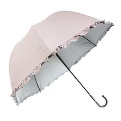オカモト原宿店 日傘 完全遮光 100 晴雨兼用 フリル付 (遮光率100% / 生地裏シルバーコーティング) ピンク ドーム型 60cm (UVカット/紫外線遮蔽率99.9%/遮熱) 長傘 手開き傘 軽量 1