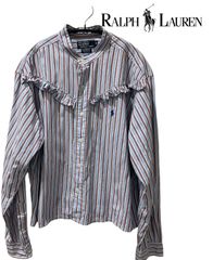 Polo Ralph Lauren ノーカラーストライプフリルシャツ　XL カラーブルー