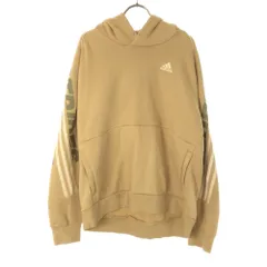 アディダス ロゴプリント 長袖 スウェットパーカー L ベージュ adidas プルオーバー 裏起毛 メンズ 古着 【240428】