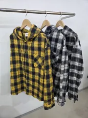 メンズ オーバーサイズ チェック フード シャツ