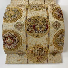 袋帯 名品 加納幸 落款 華文 向鳥 金糸 箔 金色 お太鼓柄 正絹 【中古】