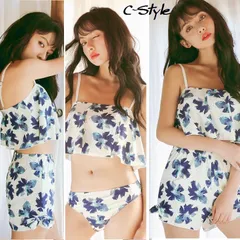 L 3点セット フリル　ビキニ　藍　花柄　レディース 水着　スイムウァ ネイビー