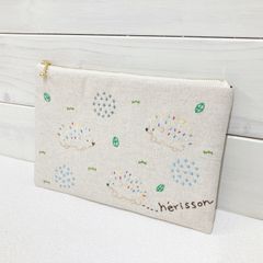 深型ポーチ【ハリネズミ】刺し子・綿麻・コットン
