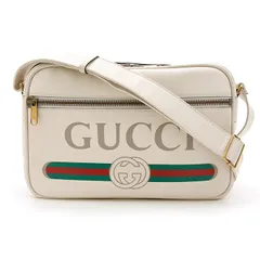 【 美品 】GUCCI グッチ メッセンジャーバッグ ロゴプリント レザー 523589 ホワイト系 ヴィンテージ ショルダーバッグ イタリア製 レトロ メンズ レディース ユニセックス 白 中古